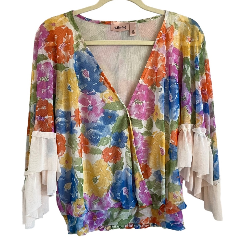 Willow & Root Multicolor Floral Surplice Ruffle Sleeve Mesh Top Size M
